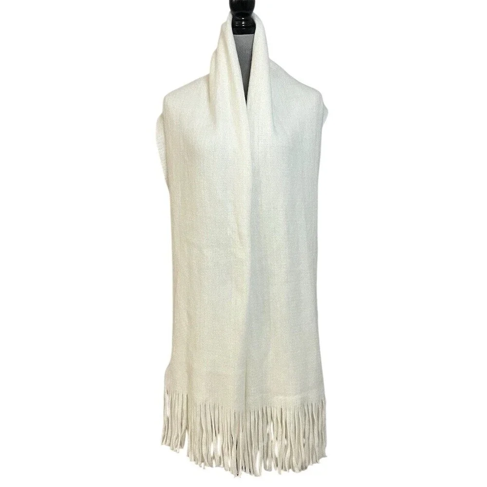 Steve Madden Shawl Wrap Scarf OS Ivory Rectangle Fringe Long Comfy Cozy Winter